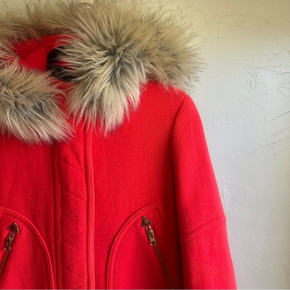 J. Crew Stadium Cloth Red Wool Coat w/ Faux Fur Hood Statement Winter Parka 2P - Picture 3 of 16